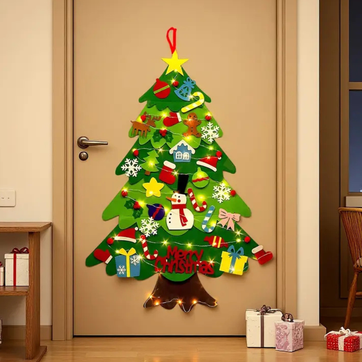 Árbol Navideño de Fieltro (25 adornos + luces de 3m ¡GRATIS!)