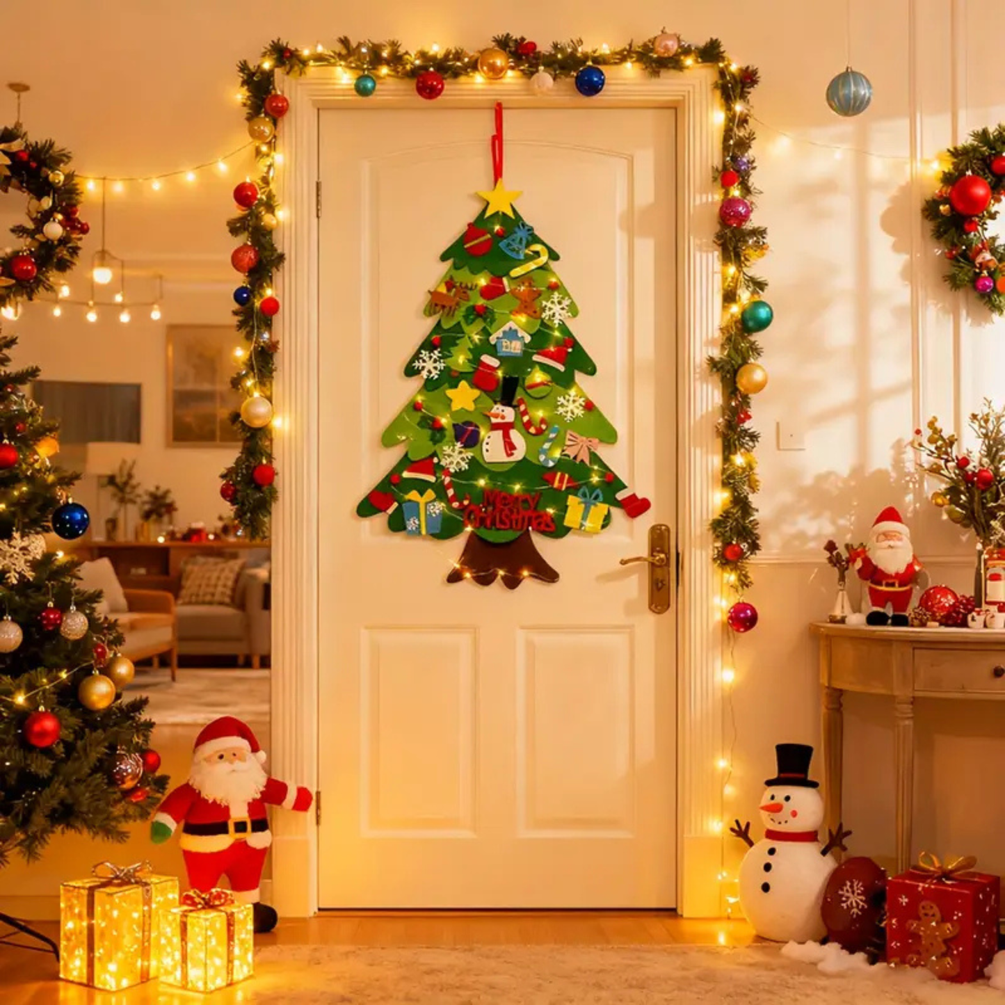 Árbol Navideño de Fieltro (25 adornos + luces de 3m ¡GRATIS!)